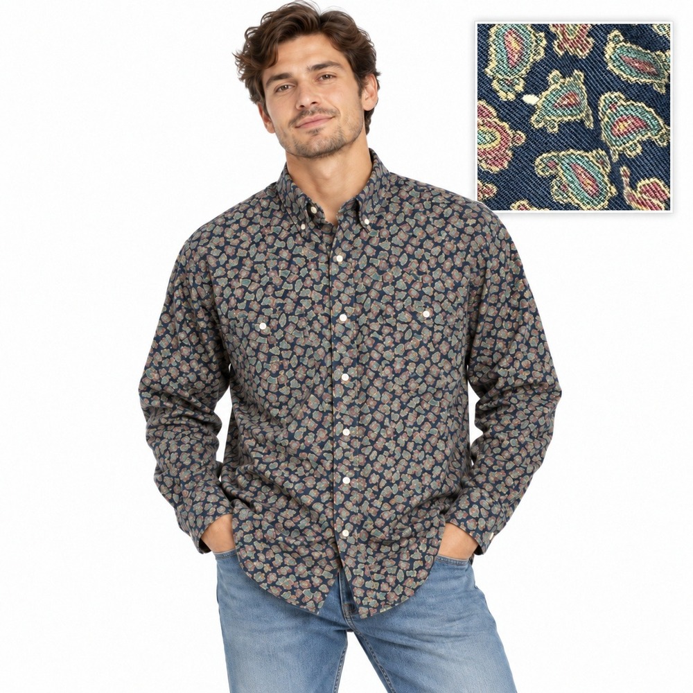 Woolrich Shirt Mens Large Navy Paisley Vintage Button Down Cotton 90s Heritage